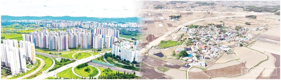 평택시 도시개발의 명암(왼쪽-평택시 동삭동 일원, 오른쪽-현덕면 장수리